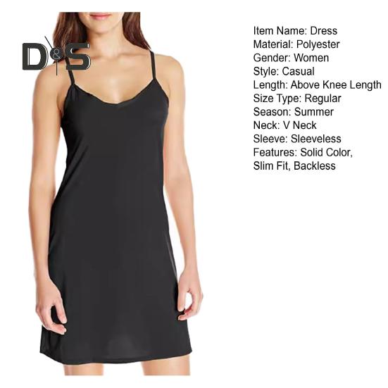 Women Nightdress V Neck Backless Sleeveless Solid Color Spaghetti Strap Slim Fit A-line Homewear Strappy Dress Sleep Dress