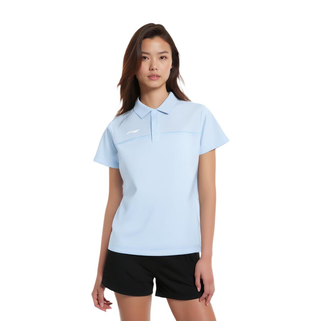 Li Ning Logo Sweat-Absorbing Breathable Pullover Polo Shirt Women tops Sky-Blue APLU072-3
