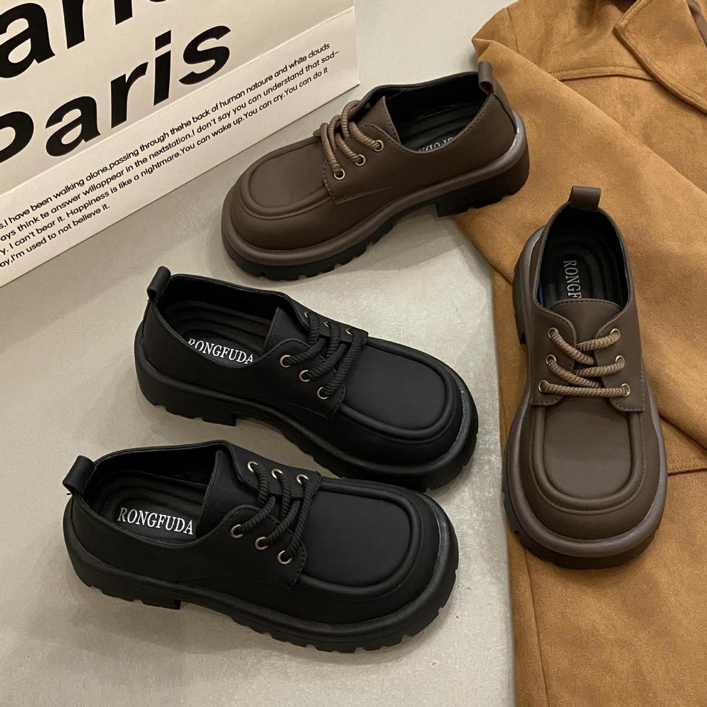 Wind black small leather shoes women's spring versatile lace-up soft sole retro casual single shoes non-slip