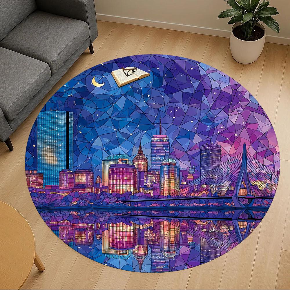 1pc Cityscape Nighttime Pattern Office Round Rugs, Under Chair Round Rugs for Living Room, Bedroom, Bathroom Decoration Carpet 091815
