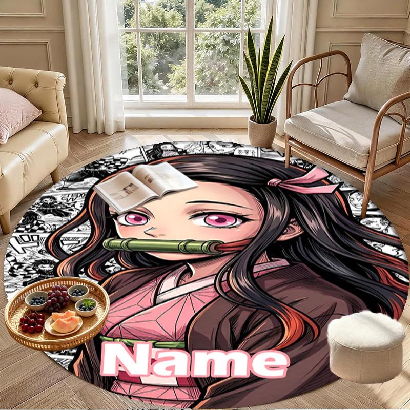 Custom Name Personalized Demon Slayer Print Round Rug, Versatile Home Decor Carpet, for Playroom, Apartment, Balcony, Entryway, Hallway Gift