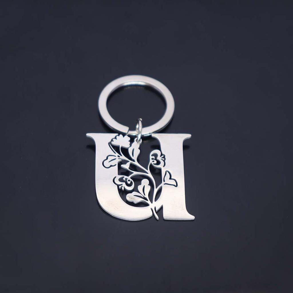 Stainless Steel Alphabet Flower Cutout Keychain Pendant