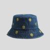 Simple smiley face embroidered denim bucket hat female Harajuku retro basin hat spring and summer sun protection visor male