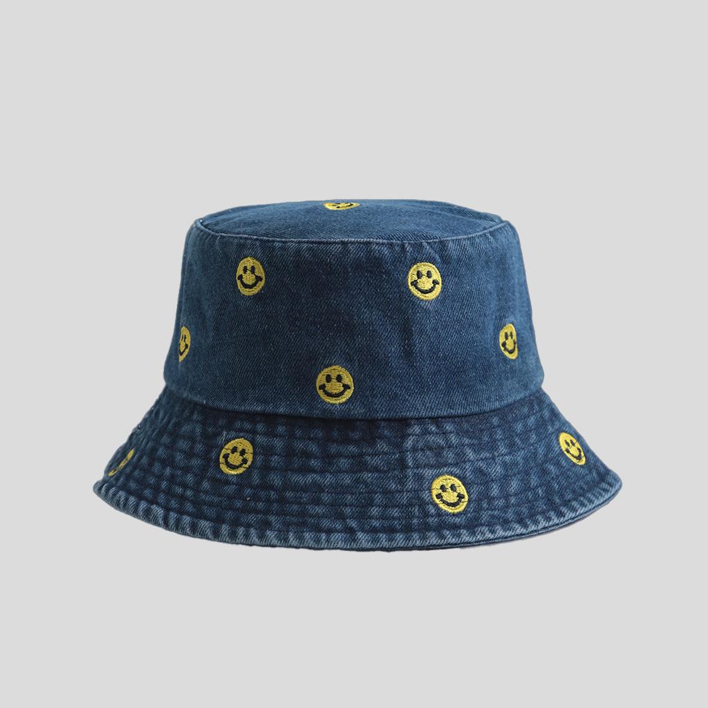Simple smiley face embroidered denim bucket hat female Harajuku retro basin hat spring and summer sun protection visor male