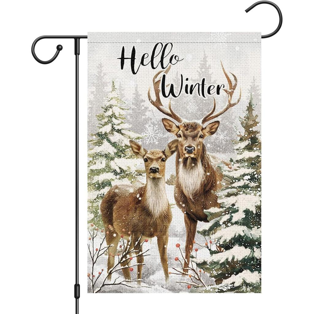Hello Winter Deer Garden Flag Double-Sided Christmas Snowflake Snow Elk Yard Flags for Seasonal Xmas Outside Outdoor Decoration (ONLY FLAG)