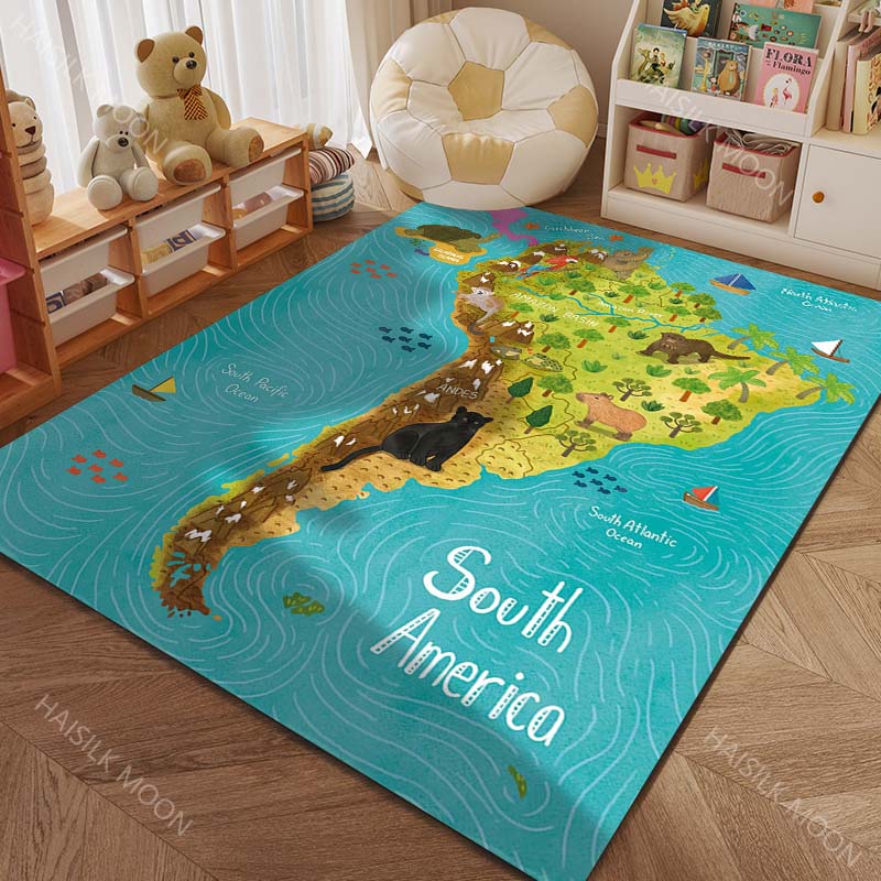 Cartoon Map of Five Continents with Animals Print Carpet for Living Room Bedroom Sofa Doormat Decor Kids Room Area Rug for Gifts