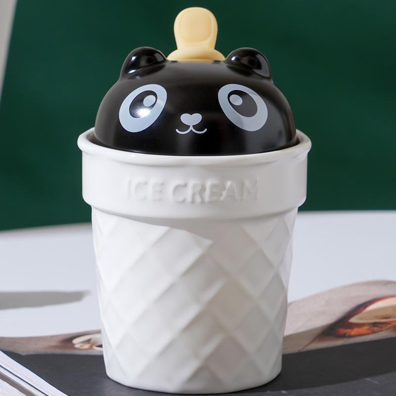 Bear with Lid Spoon Cartoon Cute Set Ceramic Cup Ice Cream Creative Personality Mug Home Couple Cup