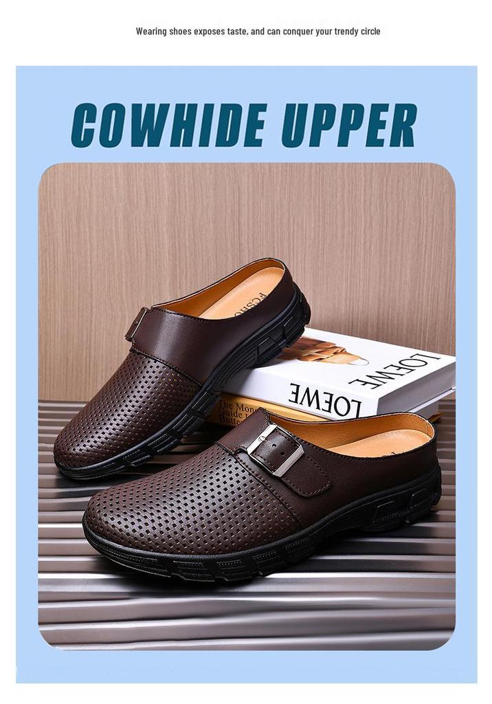 Men's Breathable Leather Slip-On Mules: Closed-Toe, Thick-Sole, Non-Slip Casual Shoes
