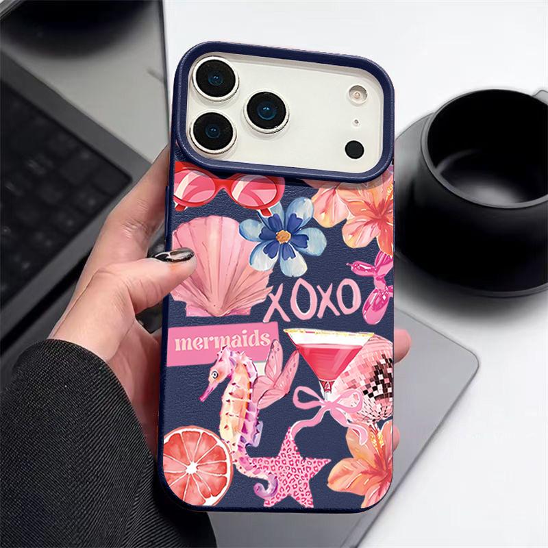 For iPhone 17 Pro Max Case Luxury Pink Cartoon Floral Pattern Leather Texture Silicone Cover For iPhone 16 Pro Max 15 14 13 12 11 16E Air