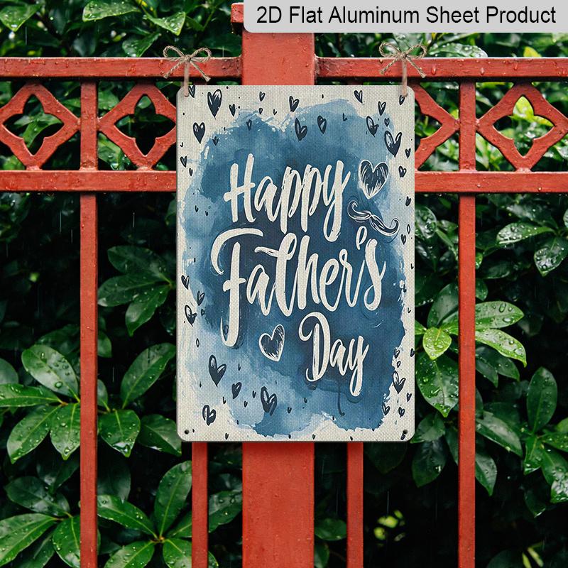 2D Flat, 1pc Watercolor Blue Heart Father's Day Metal Wall Art Sign "Happy Father's Day" - 8*12 Inch Aluminium Rustic Home Decor, Minimalist Style