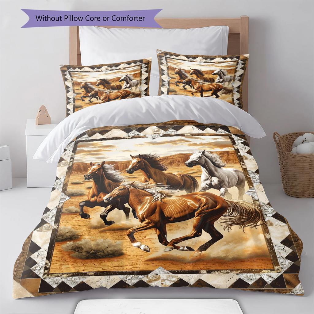 Horses Painting Pattern Bedding Quilt Set Quilt Cover Pillowcase Home Decoration Birthday Gift (1 * Duvet Cover + 2 * Pillowcase, Without Core)