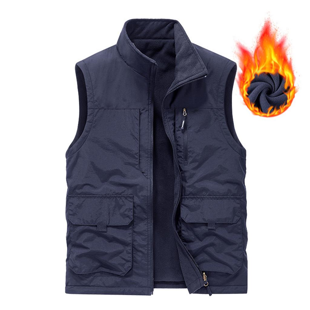 Mens Winter Fleece Cargo Vest Outdoor Multi Pocket Sleeveless Jacket Warm Thick Work Waistcoat