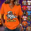 Damski casualowy top z krótkim rękawem i dekoltem V z nadrukiem Halloween
