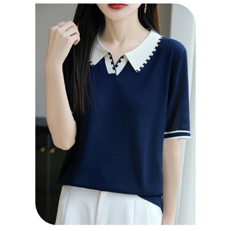 Womens Contrast Collar Short Sleeve Knit Blouse