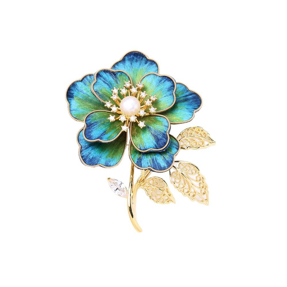 Elegant Retro Intangible Cultural Heritage Craftsmanship Blue Velvet Peony Brooch Atmospheric Freshwater Pearl Bouquet Pin Brooch Female