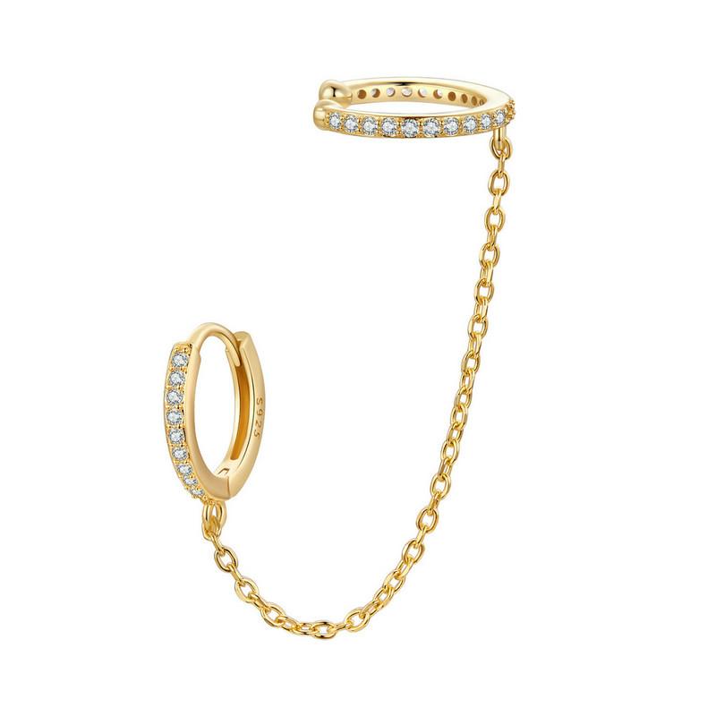 BAMOER 925 Silver 1 PC Double Circle Mono Hoop Earrings Long Chain CZ Earrings for Women Engagement Stackable Jewelry