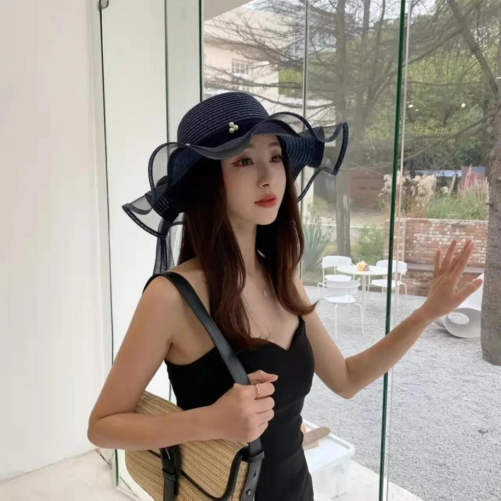 New Foldable Wide-brimmed Girl Straw Hat Pearl Sun Hat Beach Wave Hat UV Protection Travel Hat Lady Beach Hat