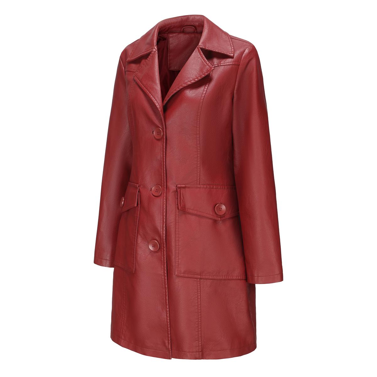 

Пальто для прогулок из искусственной кожи, женский длинный плащ, однобортное пальто с лацканами, длинными рукавами и карманами, классическое пальто, осенне-зимняя верхняя одежда XL бордовый