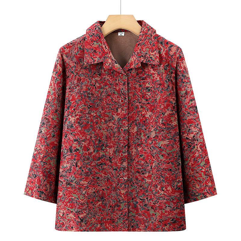 

Floral Lapel Shirt for Middle-Aged and Elderly Women - Perfect for Spring & Summer, Ideal Mother s Day Gift 2XL (suggested 50-57.5 kg) червоний