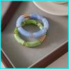 2PCS Set Vintage Design Resin Elastic Bracelet Blue Bamboo Gold Color Spacer Pearl Bracelet Blue Green Color Bangle