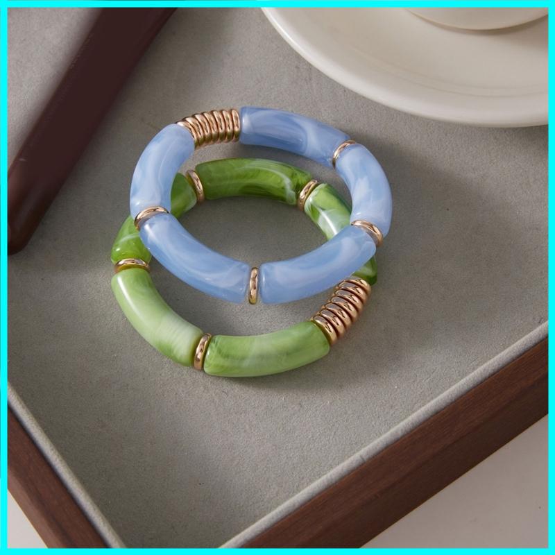 2PCS Set Vintage Design Resin Elastic Bracelet Blue Bamboo Gold Color Spacer Pearl Bracelet Blue Green Color Bangle