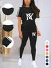 Plus Size Women 2Pcs Yoga Outfit Loose Short Sleeve Top High Waist Long Stretch Leggings