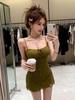 Women's Sexy Green Spaghetti Strap Dress - Spring/Summer Travel Style Slimming Short Skirt