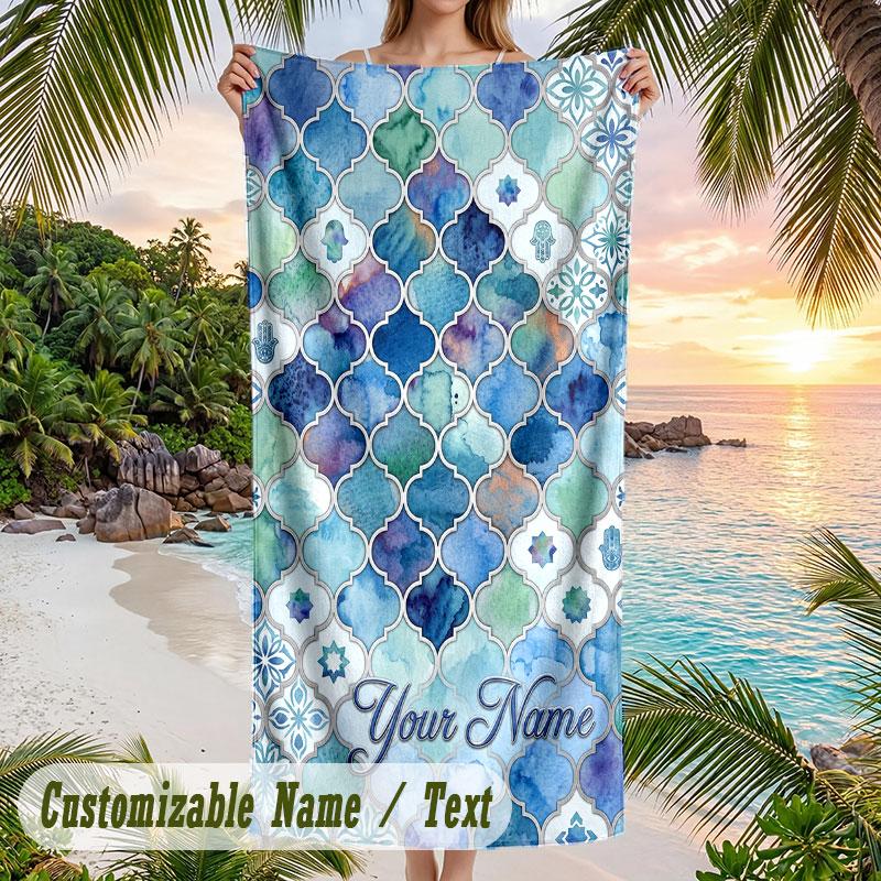 Blue Flowers Art Theme Quick Dry Beach Towel Custom Name Text Print Large Sand Resistant Towel Beach Vacation
