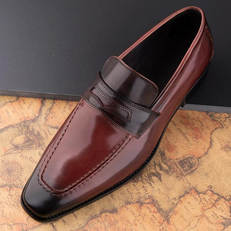 Fashion Wholesales Leather Casual Men Shoes Genuine Cowhide Slip On Fashion Luxury Handmade Business Formal Dress Office Shoe Wine Red