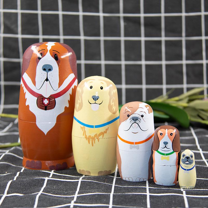 Five-Layer Russian Nesting Doll: Bear & Dog Wooden Craft Ornament Toy