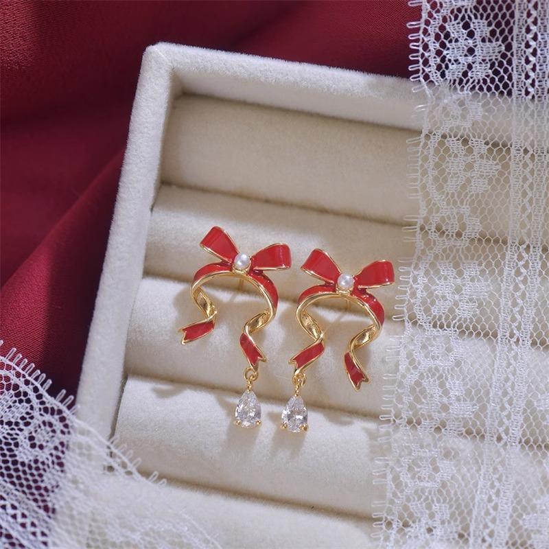 Vintage Red Bow Headband Earrings, High-End Earrings For Autumn And Winter Wedding Commuting