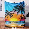 A Tropical Sunset with Palm Trees and Ocean.-Themed Blanket - Comfortable Flannel Fabric Digital Printing Hypoallergenic Suitable