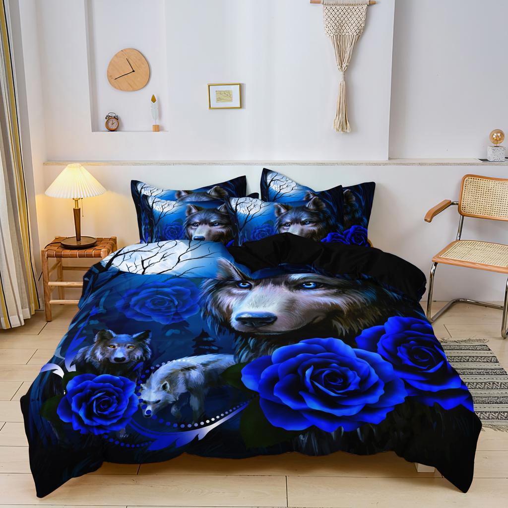 3pcs Set,Romantic Wolf & Rose Print Bedding Duvet Cover Set (1 Duvet Cover + 2 Pillowcases), HD Print For Home And Dorm Use