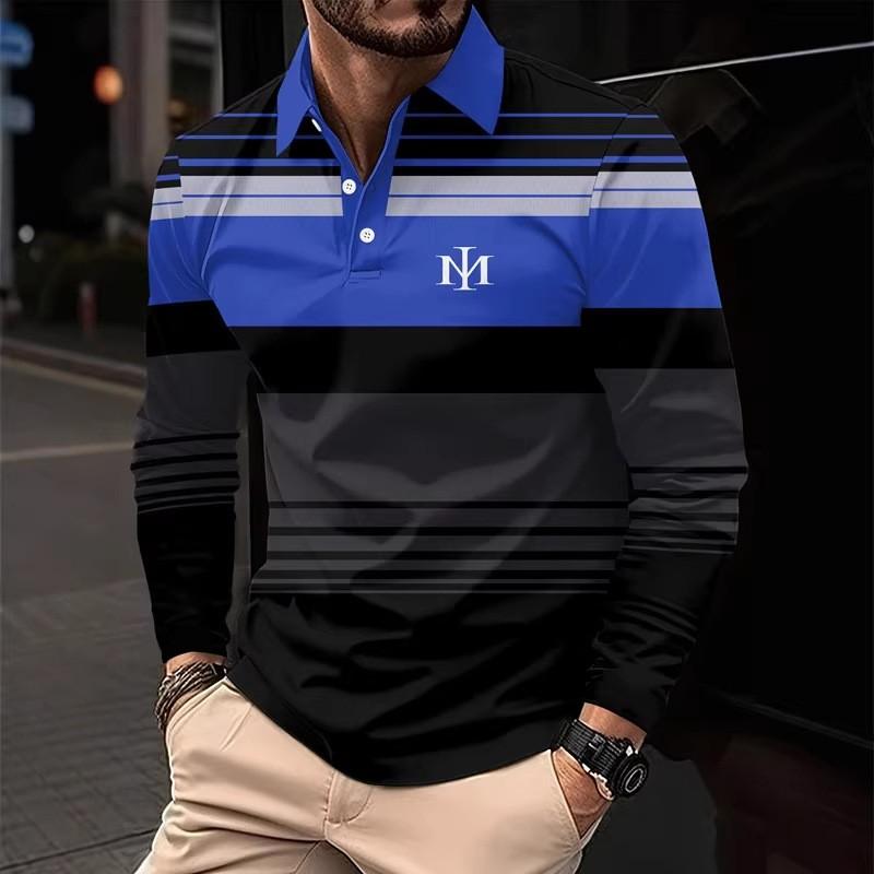 Herrpikétröja, 3D-randigt färgblockstryck, trendig sportig krage, golftröja, herrkläder, långärmad T-shirt, m