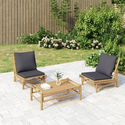 Vidaxl 3-Cz. Garden Furniture Set, Dark Grey Cushions, Bamboo