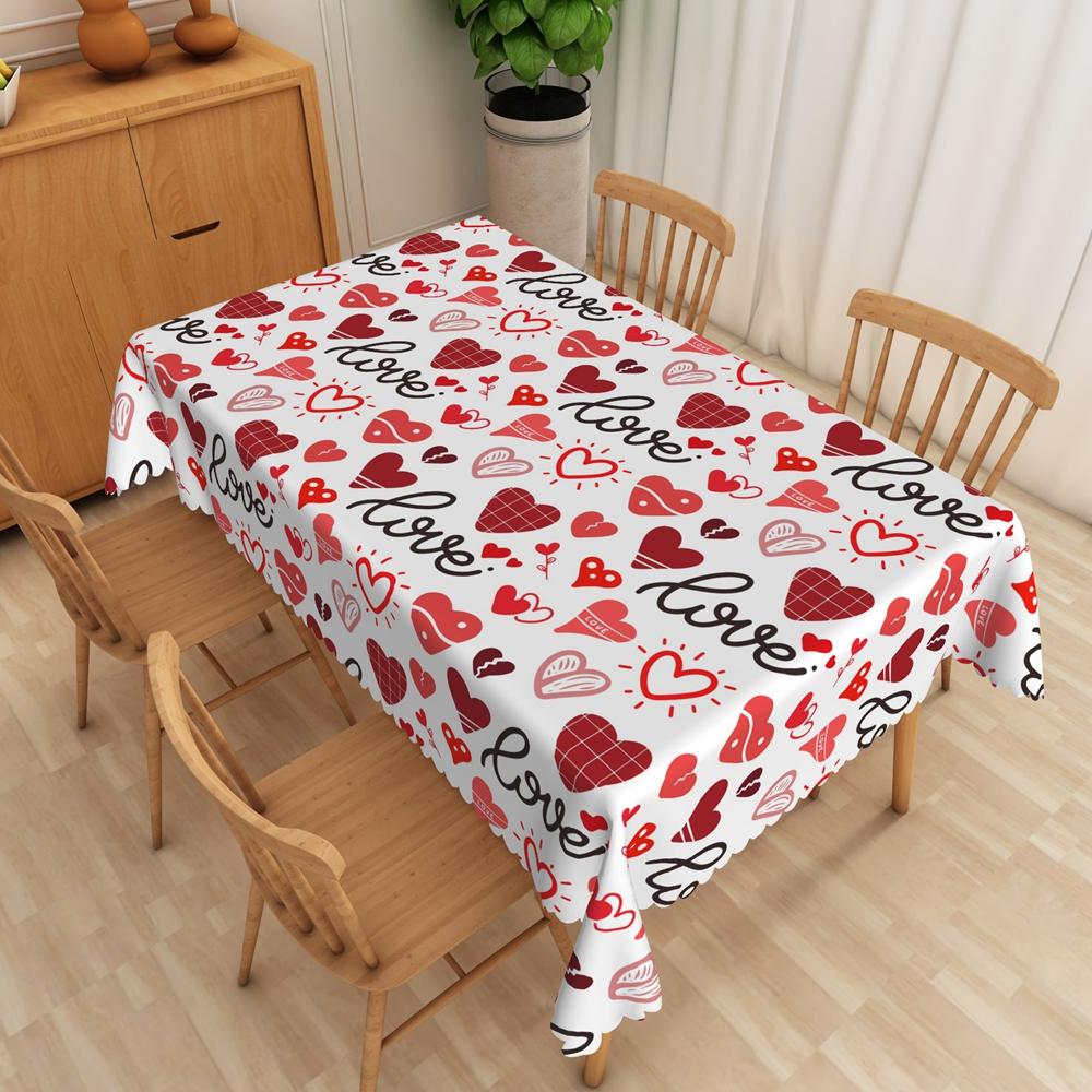 Valentines Day Tablecloth Waterproof Pink Red Heart Pattern Romantic Dinner Date Washable Kitchen Table Cover Wedding Decoration