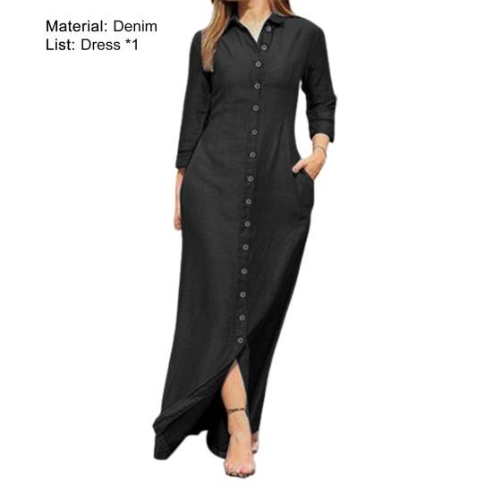 Turn-Down Collar 45720 Sleeve Women Dress Two Pockets Solid Color Single Breasted