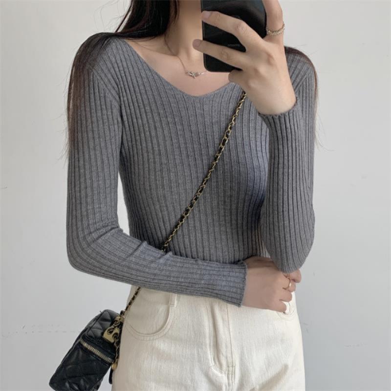 Damen V-Ausschnitt Pullover Slim Pullover Eng Langärmlig Einfarbig Einheitsgröße Strickware Frühling Herbst Pendeln