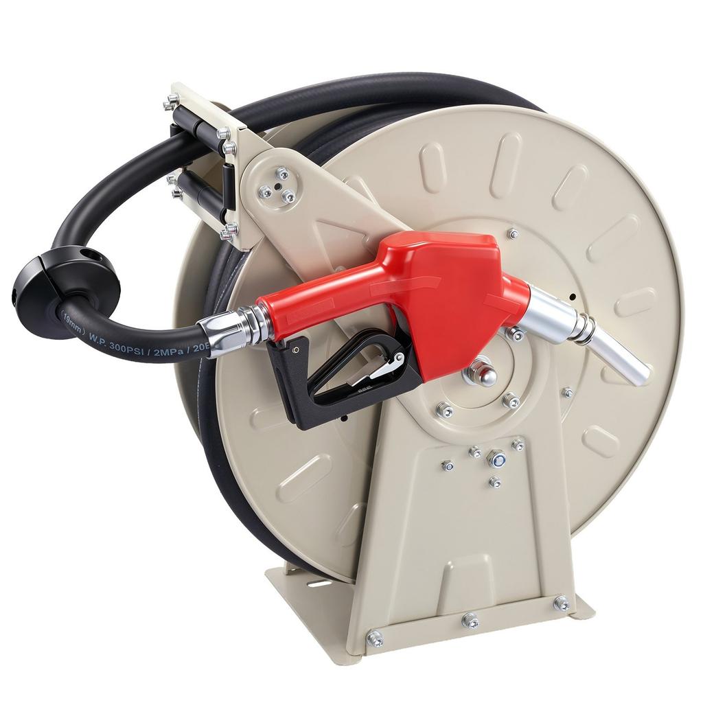 Fuel Hose Reel, 19.05 x 15000 mm Retractable, Spring Driven Auto Swivel Rewind, 300 PSI, Heavy-Duty Carbon Steel Construction with Industrial Grade