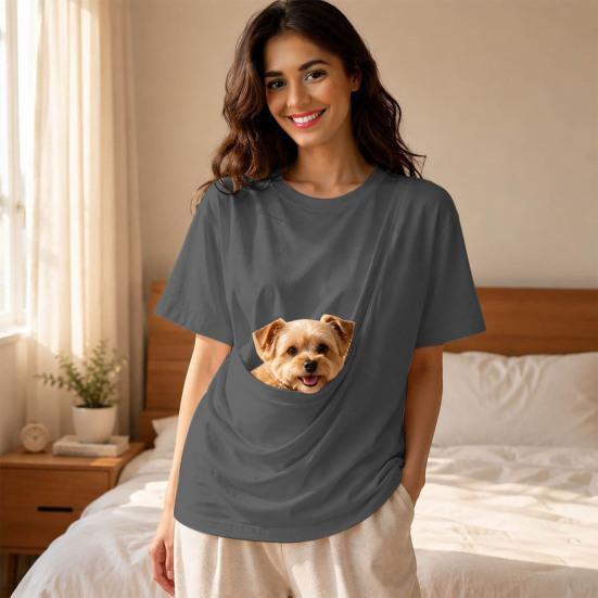 Solid Color T-shirt Women Pet Pouch T-Shirt, Dog Cat Carrier Short Sleeve Shirt for Hands Free Carrying Clothing Summer, Loose Casual Crew Neck