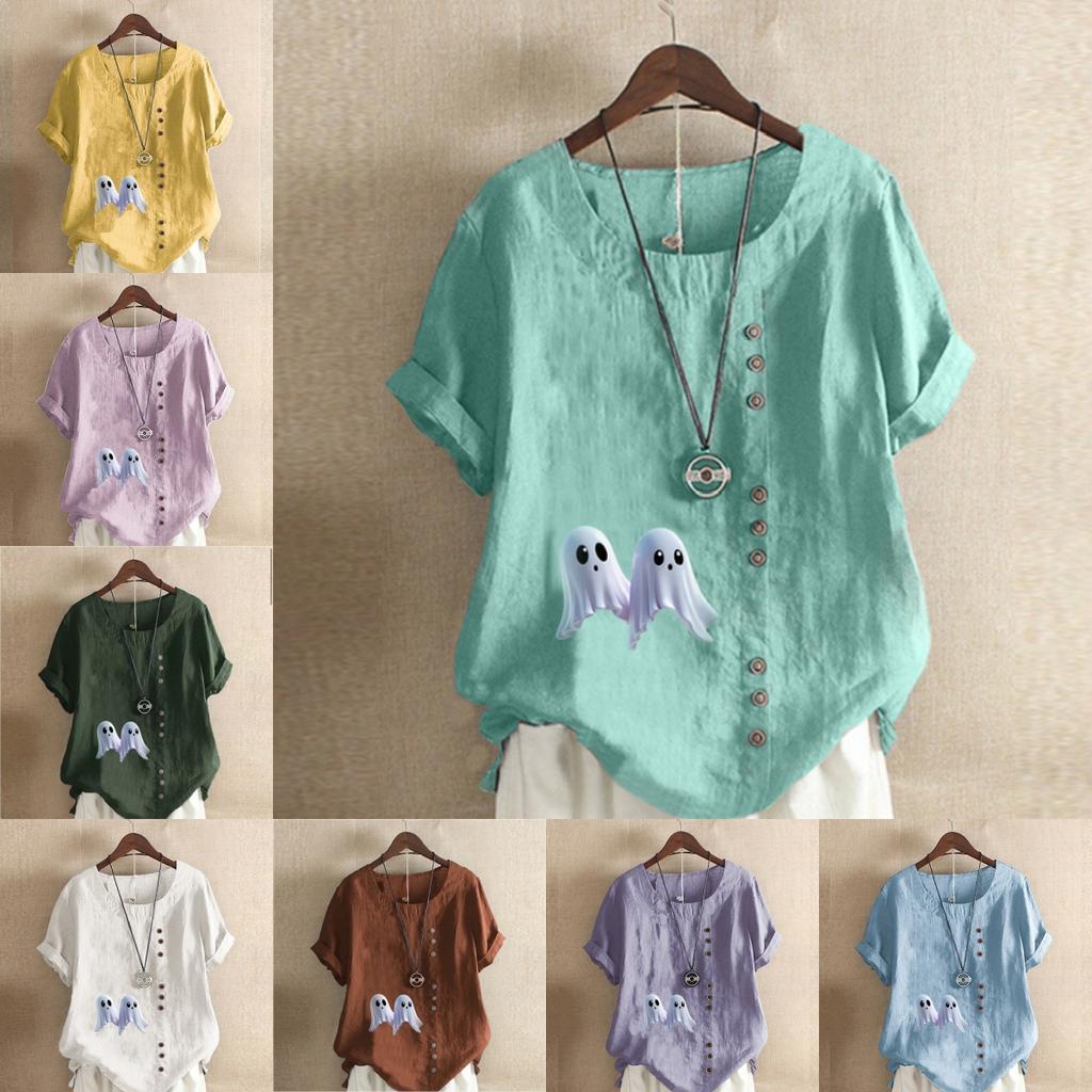 Women's Fashion Ghost Prined Short Sleeve T-shirt Loose Cotton Shirt Casual Loose Summer Blouse Tops