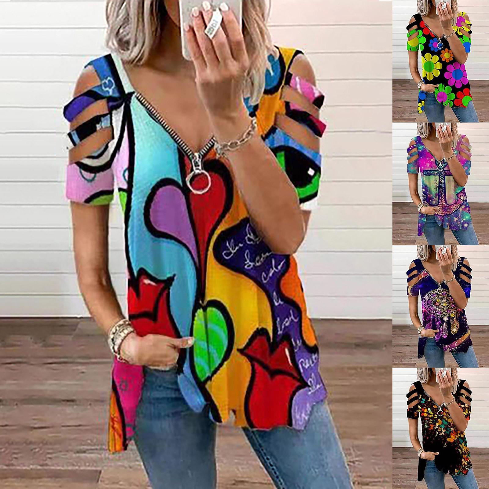 

Women Casual Fashion Printed Zipper V-Neck Short Sleeve Tank Top T-shirt Blouse