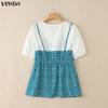 VONDA Women Casual Round Neck Print Patchwork Fake Two-piece Short Sleeve Blouse