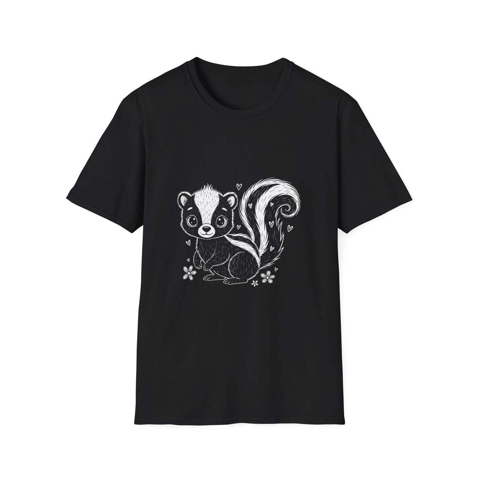 Skunk Cute Cartoon Kawaii Black Tee Nature Hearts Graphic T-Shirt 2XL