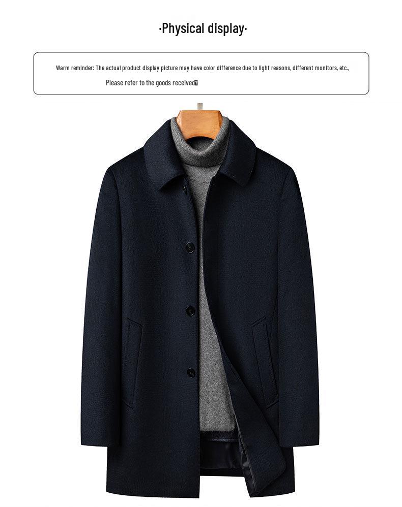 Men's Mid-Length Wool Coat with Goose Down for Autumn Winter - Cashmere Overcoat for Middle-Aged and Elderly