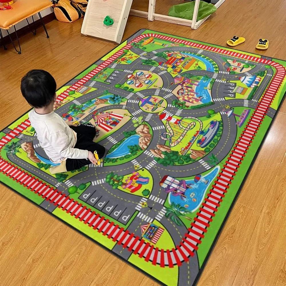 Complex Racing Track Kids Rug Multi-Loop Car Play Mat Children's Playroom Educational Traffic Carpet