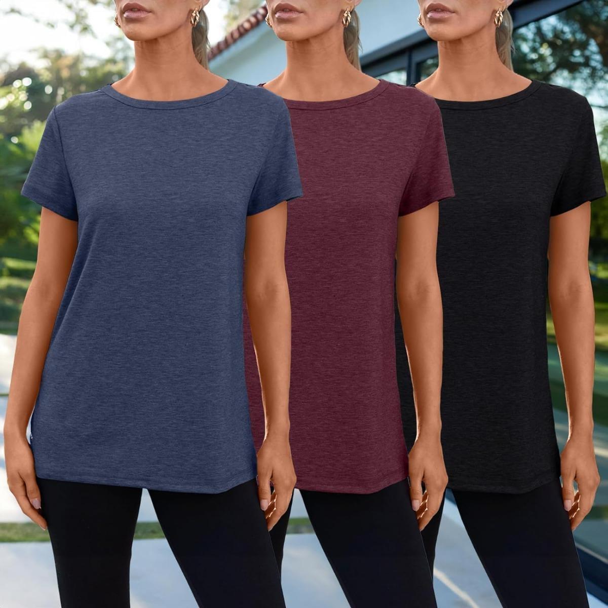 

Женские футболки из 3 комплектов, базовые футболки с короткими рукавами, модные топы с круглым вырезом, свободный крой, легкая повседневная летняя одежда L Navy blue + Burgundy + Black разноцветный
