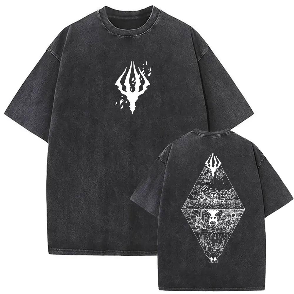 Vintage Washed Hollow Knight Print T-Shirts Men Women Fashion Gothic Short Sleeve T Shirt Summer Cotton Oversized T-shirt