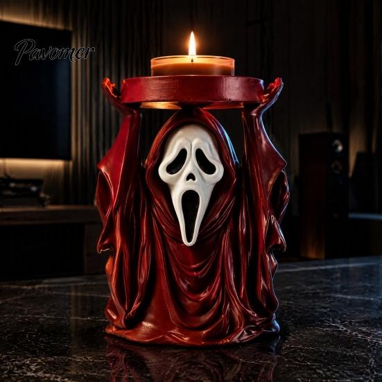 Dark Aesthetic Candle Base Halloween Grim Reaper Holder, Spooky Screaming Ghost Candlestick Tealight Unique Holiday Gift Table Centerpiece for Indoor