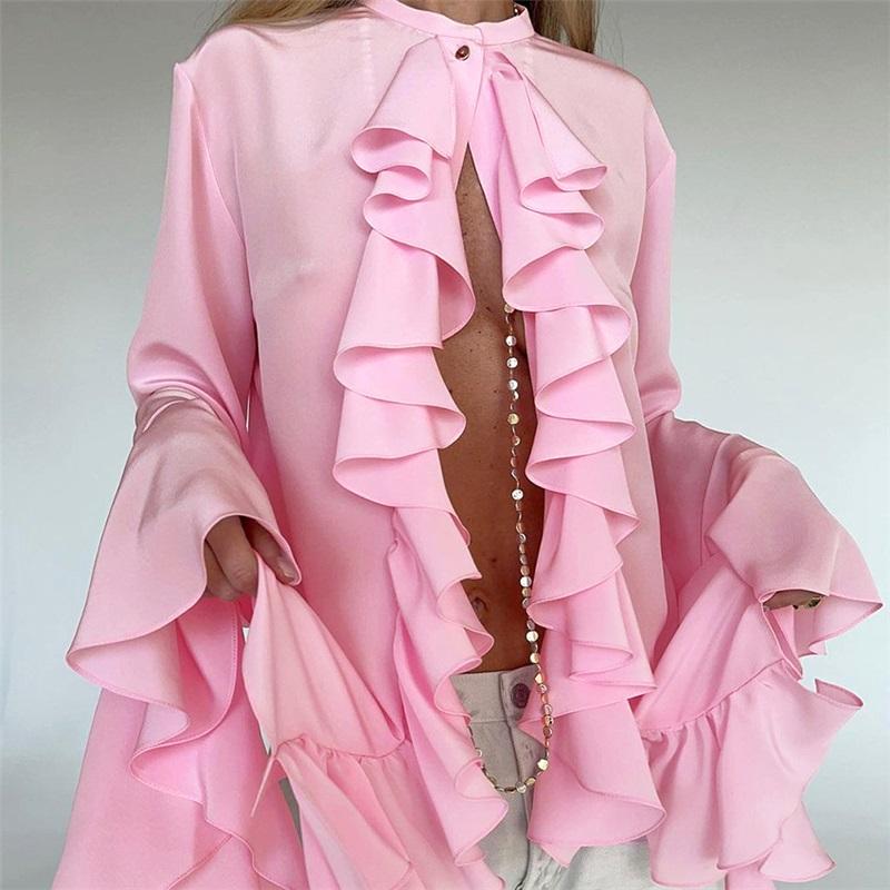 Design Flare Ruffle Long Sleeve Cardigan Shirt Women Elegant High-End European Style Blouse with Unique Design Perfect for Chic Outfits